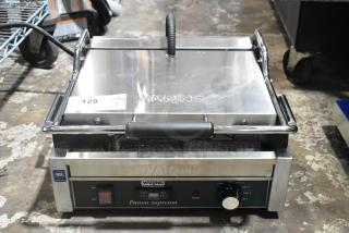 Brand new Waring WPG250T Panini grill, grooved top, smooth bottom, 14.5"x11" surface, scratch and dent, 120V, 1 phase.