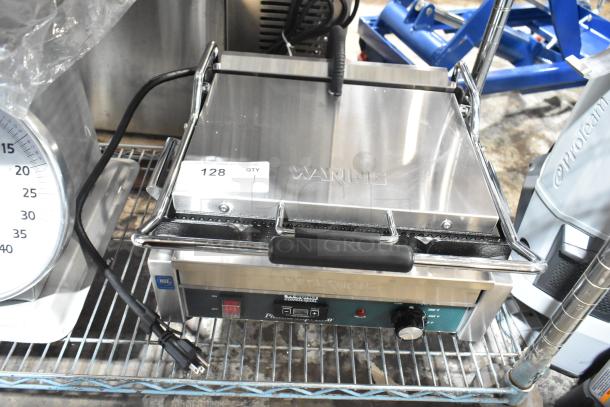 BRAND NEW Waring WPG250T Panini Grill, grooved top, smooth bottom, timer, 14.5"x11" surface, 120V, scratch and dent.