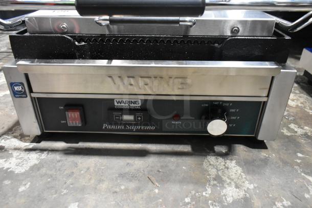 BRAND NEW Waring WPG250T Panini Grill, grooved top, smooth bottom, 14.5"x11" surface, with timer, NSF certified.