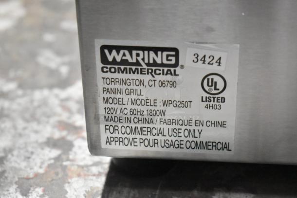 Waring WPG250T Panini Grill label, 120V, 60Hz, 1800W, commercial use only, made in China, UL listed.
