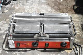 Brand new Avantco 177PG400GS commercial dual panini grill; grooved top, smooth bottom, 19 5/8" x 9 1/8" surface.
