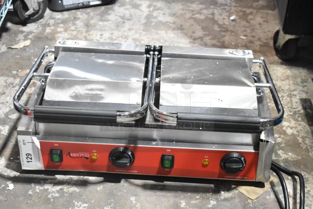 BRAND NEW Avantco 177PG400GS dual panini grill, grooved top, smooth bottom, 19 5/8” x 9 1/8” surface, 120V, slight dents.