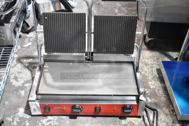 BRAND NEW Avantco 177PG400GS Panini Grill with grooved top, smooth bottom, 19 5/8" x 9 1/8" surface, 120V, 1 Phase.