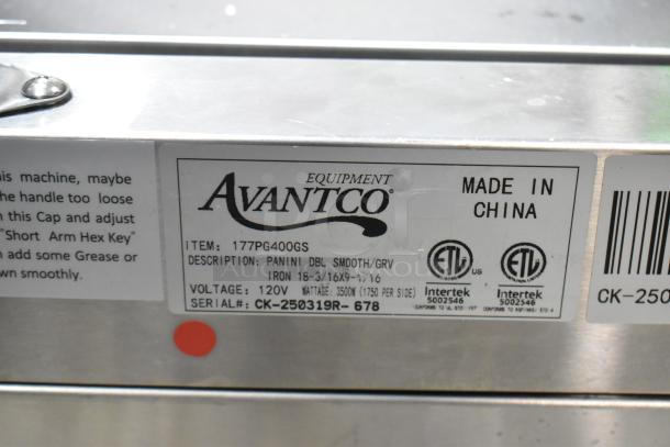 Brand new Avantco 177PG400GS commercial panini grill, dual plates, grooved top, smooth bottom, 120V, 2025 model.