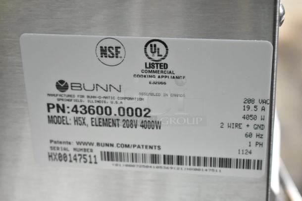  alt text: Bunn H5X 5-gallon hot water dispenser label, model 43600.0002, stainless steel, 208 volts, 4000W, NSF/UL certified.