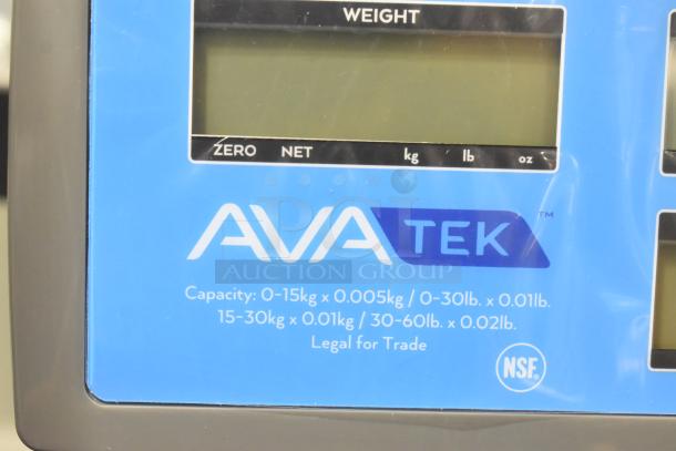 Alt text: AvaTek 334PCS60T digital price computing scale, 60 lb capacity, brand new with scratch and dent, NSF certified.