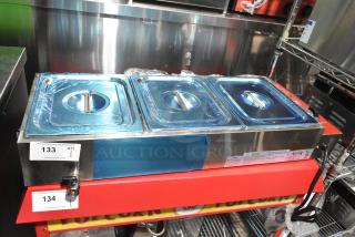 Brand new Avantco 177BMFW3 electric bain marie food warmer with three half-size wells. 2023 model, 120 volts, 1 phase.