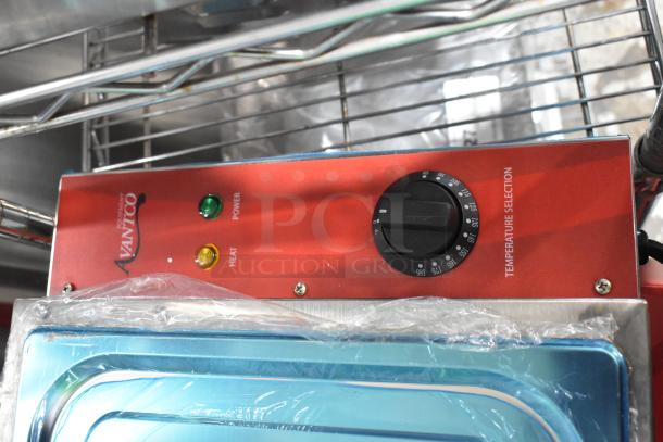 Brand new 2023 Avantco 177BMFW3 electric bain marie food warmer controls, showing power and heat indicators, temperature dial.