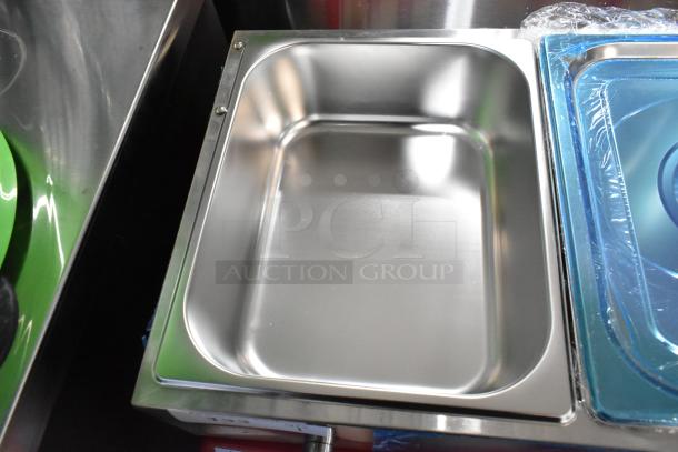 Brand new 2023 Avantco 177BMFW3 bain marie warmer, shiny stainless steel, with 3 half-size wells, 36" countertop model.