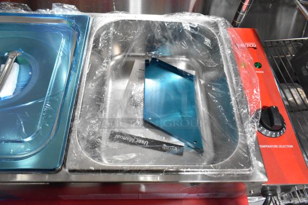Brand new Avantco 177BMFW3 36" electric bain marie food warmer with 3 half-size wells. Includes manual and protective wrap.