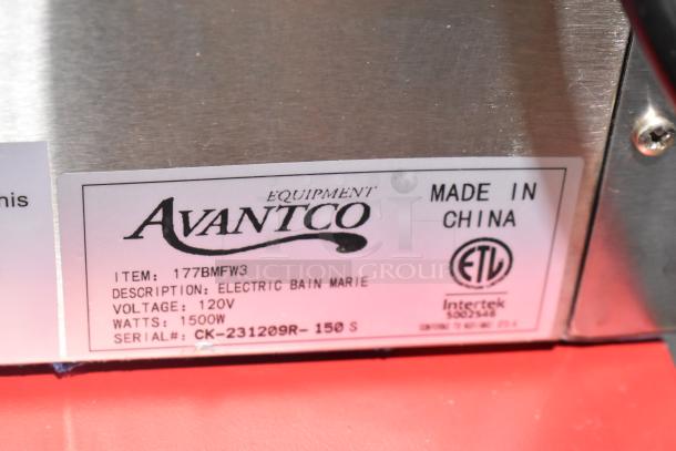Alt text:  
Label on Avantco 177BMFW3 Electric Bain Marie, 120V, 1500W, made in China. Serial: CK-231209R-150 S, ETL certified.
