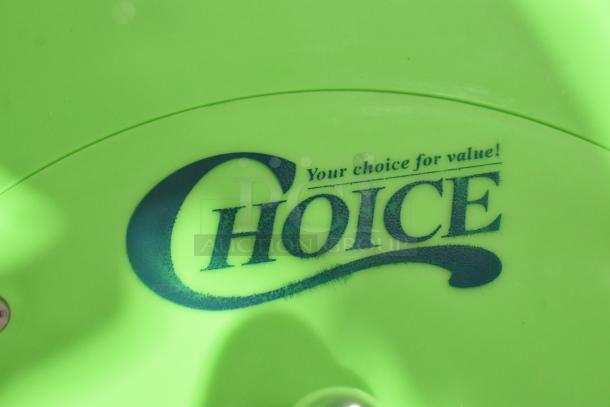 BRAND NEW SCRATCH AND DENT Choice 176DRYER5GLB green salad spinner with brake, 5-gallon capacity. "Your choice for value!" logo visible.