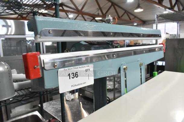 Brand new Galaxy PFS-650 metal foot-operated impulse bag sealer with timer, 110 volts, 1 phase, showing auction label.