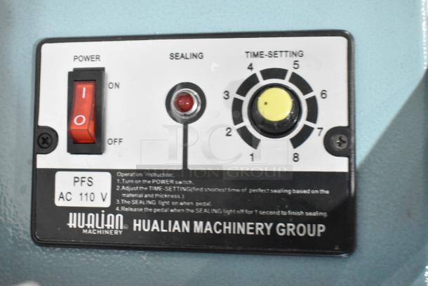 2025 Galaxy PFS-450 foot-operated bag sealer, timer control, 110V, minor scratches. Hualian Machinery label, operation instructions visible.