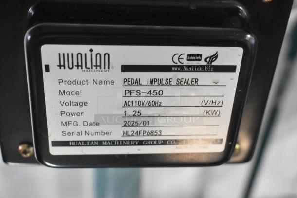 2025 Galaxy PFS-450 bag sealer, metal, foot-operated with timer, 110V, brand new, scratch and dent. Label shows specs.