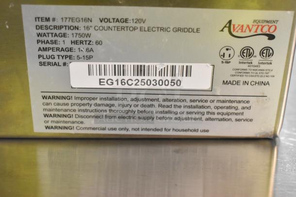 Brand new Avantco 177EG16N 16" electric countertop griddle. Stainless steel, 120V, 1 phase. Scratch and dent condition.