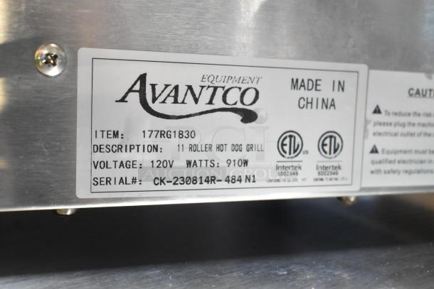 Alt text: Avantco 177RG1830 hot dog roller grill label, showing model, 11 rollers, 120V, 910W, made in China. Serial: CK-230814R-484 N1.