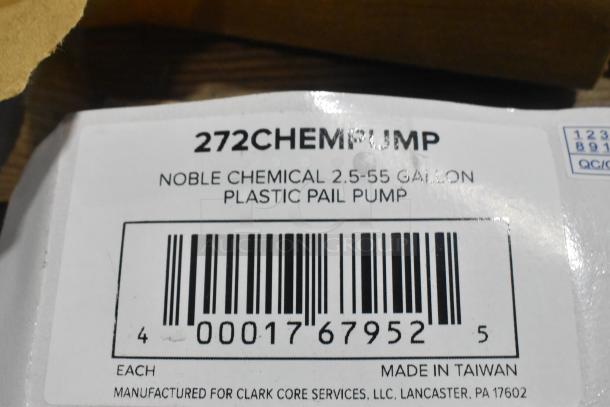 BRAND NEW 272CHEMPUMP Noble 2.5-55 Gallon Adjustable Pail Pump Dispenser, label shows barcode and "Made in Taiwan."