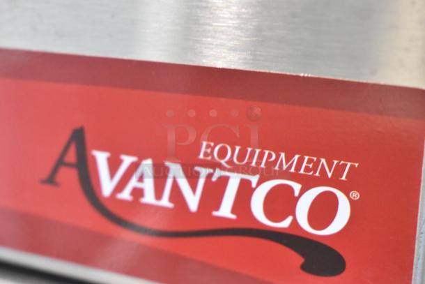 Avantco logo on the 2025 Avantco 177FW200D food warmer. Features thermostatic controls. New with minor scratches.