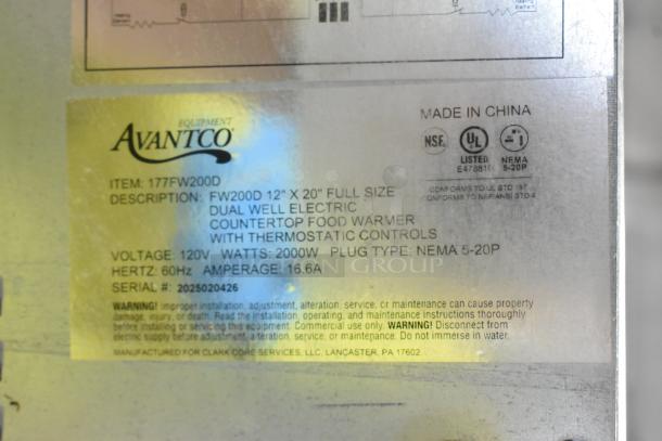Brand new Avantco 177FW200D dual well electric food warmer. Features thermostatic controls, 120V, 2000W, NEMA 5-20P plug.