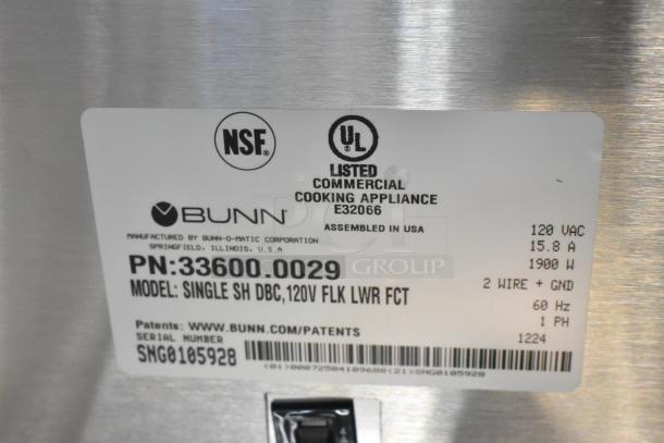 Brand new Bunn SINGLE SH DBC model label, featuring NSF and UL certification marks, specifications, and serial number.