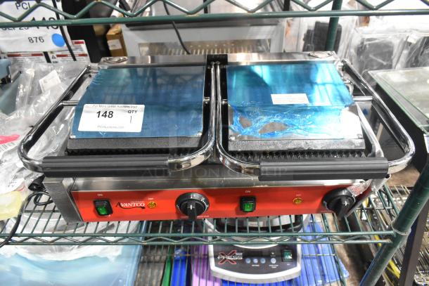 Brand new Avantco 177PG400 dual panini grill, 2023 model, stainless steel, grooved plates, 19 5/8"x9 1/8" surface, 120V.