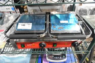 Brand new Avantco 177PG400 dual panini grill, 2023 model, stainless steel, grooved plates, 19 5/8"x9 1/8" surface, 120V.