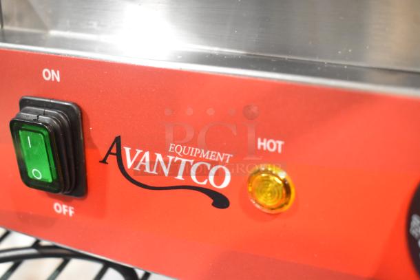 Avantco 177PG400 stainless steel dual panini grill with grooved plates. Features "On" switch and hot indicator light.