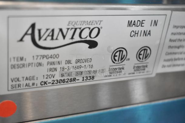 Brand new Avantco 177PG400 dual panini grill label showing model, voltage, and certification details.