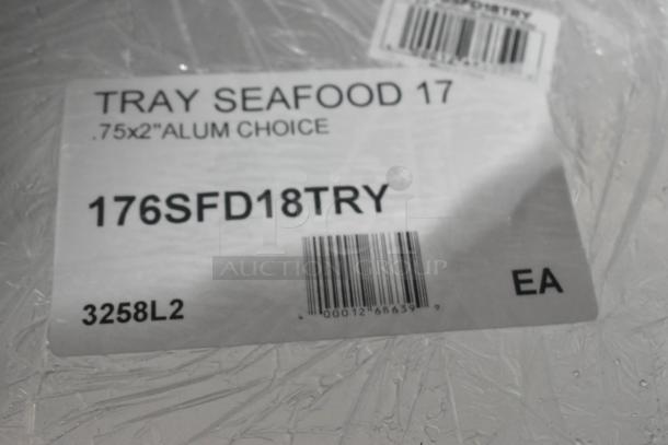 Label on aluminum tray, text: "Tray Seafood 17, .75x2 Alum Choice, 176SFD18TRY, EA, 3258L2" with barcode.