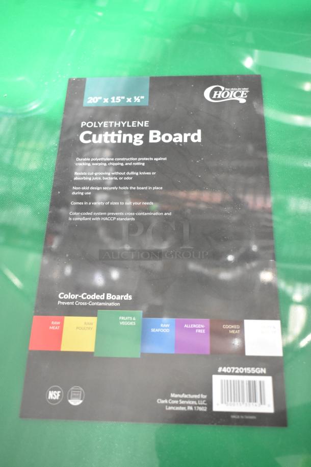Pack of 12 brand new Choice polyethylene cutting boards. Sizes: 20"x15"x1/2" and 24"x18"x1/2". Durable, color-coded for safety.