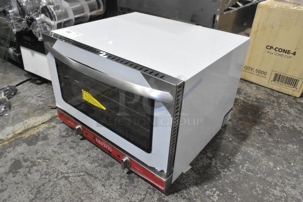 Brand new Avantco 177CO16 stainless steel half size countertop convection oven, 1.5 cu. ft. with minor scratches, 120 volts, 1 phase.