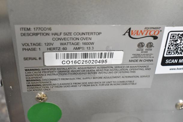 Brand new Avantco 177CO16 stainless steel convection oven, half size, 1.5 cu. ft., 120V, 1 phase, serial #C016C25020495.