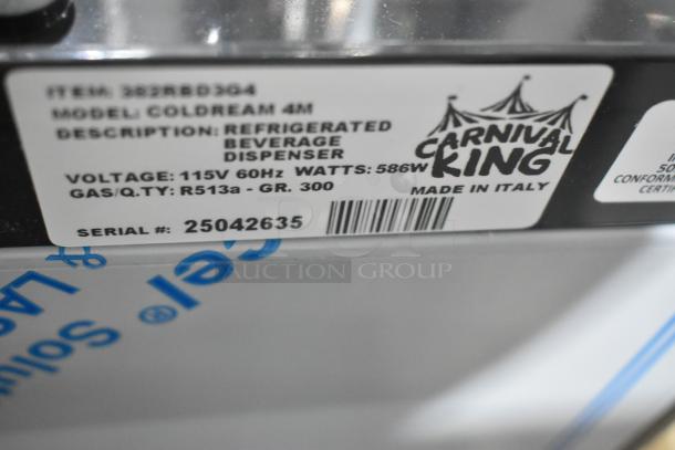 BRAND NEW Carnival King stainless steel quadruple 3-gallon bowl refrigerated beverage dispenser, model 382RBD3G4, 115V, 1 phase.