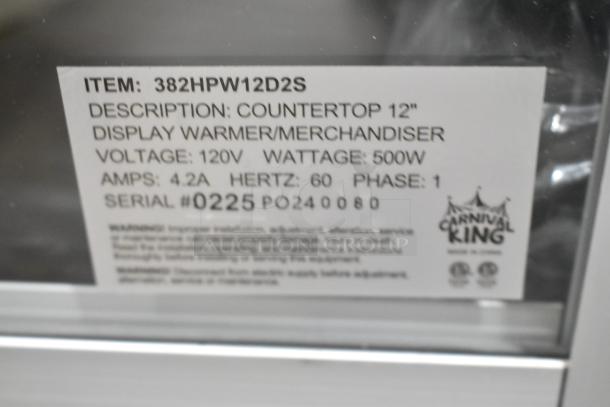 BRAND NEW Carnival King HPW-12D2S warmer. 12" countertop display, 120V, 500W. Visible serial #0225. Scratch and dent condition.
