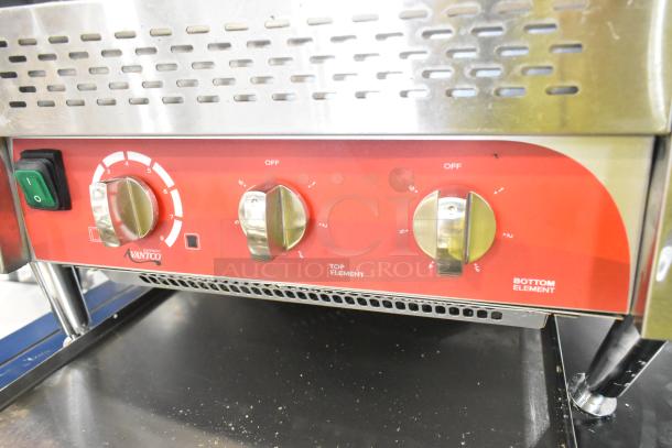 Brand new Avantco 184T3600D stainless steel commercial conveyor toaster with red control panel, 14.5" wide, 3" opening.
