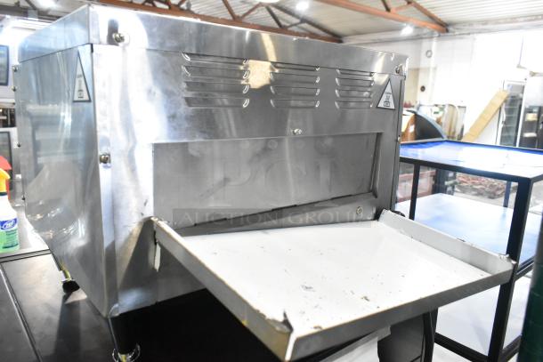 Avantco 184T3600D stainless steel conveyor toaster, 14.5" wide, 3" opening, scratches visible, 240V, 1200 slices/hour.