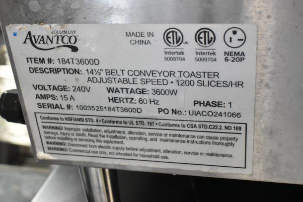 Brand new Avantco 184T3600D conveyor toaster, 14.5" wide, stainless steel, 1200 slices/hour, 240V, scratch and dent.