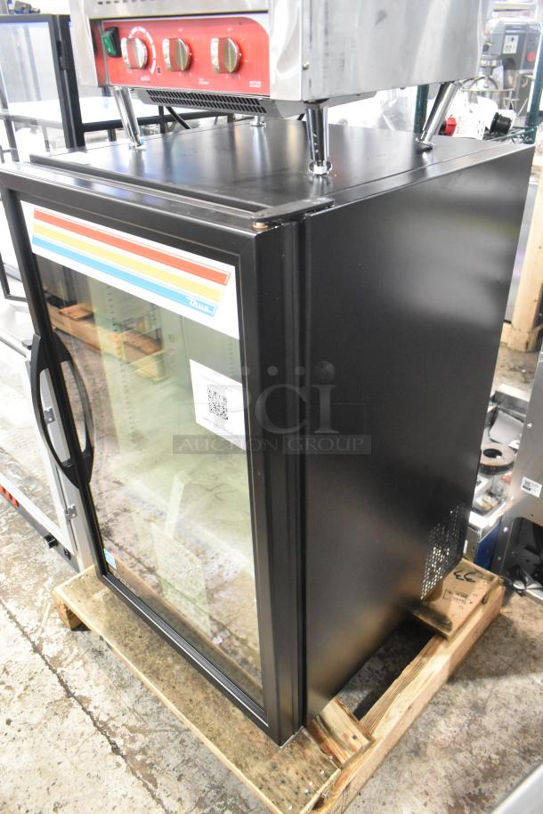 Brand new 2025 True GDM-07F-HC black glass door countertop merchandiser freezer with LED lighting, 115V, 1 phase.