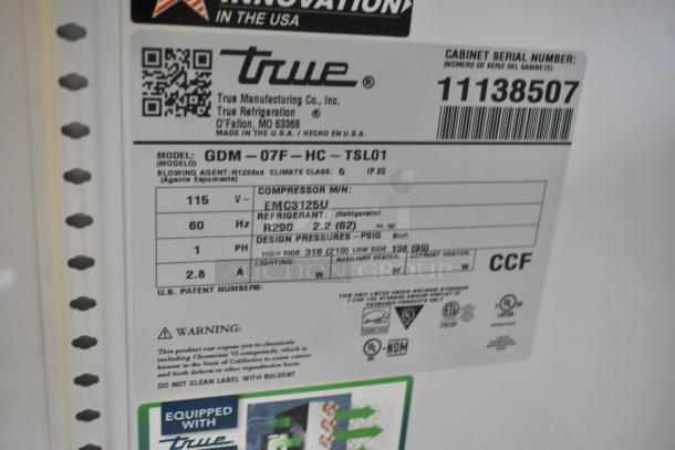 BRAND NEW 2025 True GDM-07F-HC glass door freezer, 115V, countertop model with LED lighting. Serial number: 11138507.