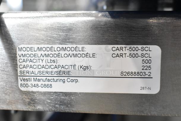 Label on Vestil CART-500-SCL scissor lift cart showing model, capacity of 500 lbs, and serial number S2688803-2.