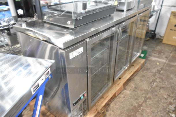 Brand new Avantco stainless steel 3-door back bar cooler merchandiser, 115 volts, 1 phase, slight scratches visible.