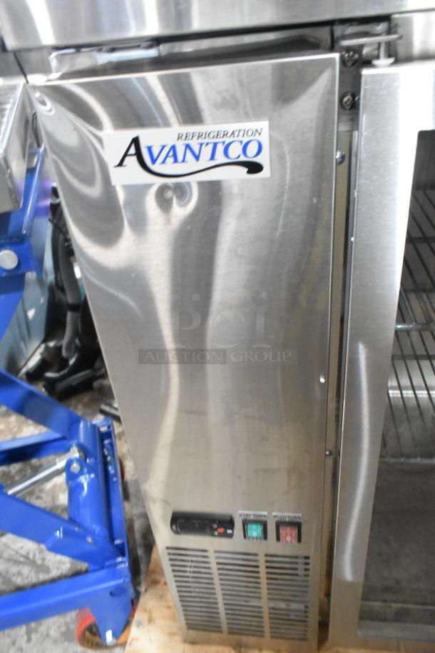 Brand new Avantco 3-door bar cooler, stainless steel, scratch and dent, 115V, 1 phase, visible logo and control panel.