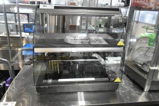 Brand new Avantco 177OAM2A 26" countertop merchandiser, black, with LED lighting, two shelves, minor scratches, 120V, 1 phase.