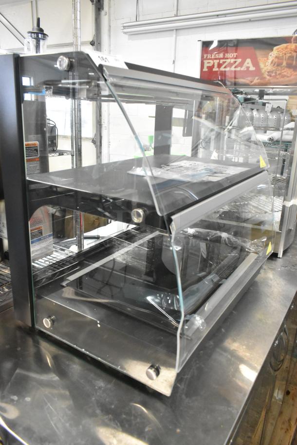 Brand new Avantco 177OAM2A 26" countertop merchandiser, black, with LED lighting and 2 shelves. 120V, 1 Phase.