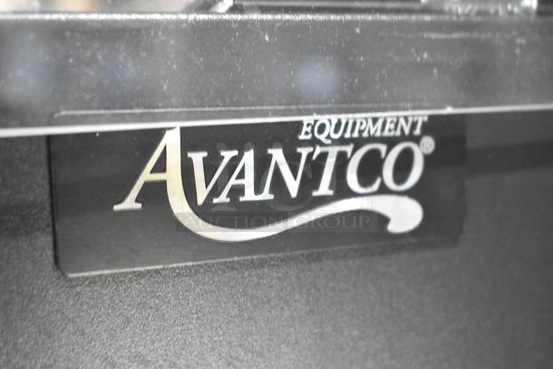 Close-up of Avantco branding on a black surface, related to the 177OAM2A countertop merchandiser.