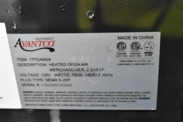 Avantco 177OAM2A black countertop merchandiser label showing model, voltage, and certification marks. Brand new condition.
