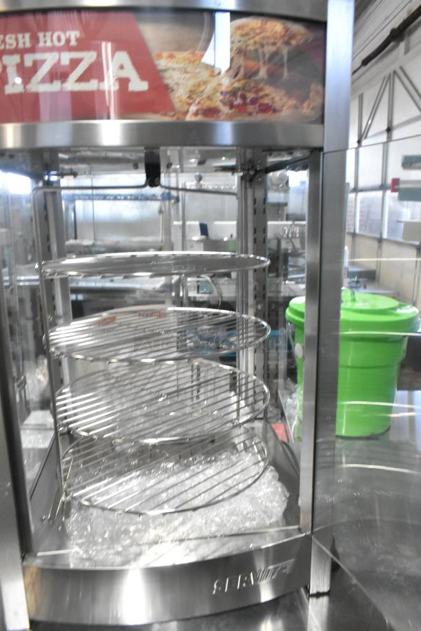 ServIt 423PDW12D2 stainless steel pizza warmer, 12", 4-shelf rotating rack, new with scratch and dent, 120V, 1 phase.