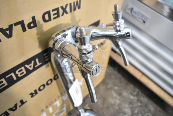 Brand new Blupure C2A stainless steel 2 tap beer tower, slight scratch and dent, features chrome finish and dual taps.