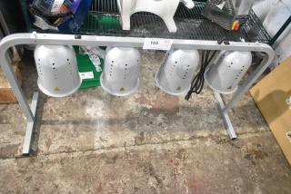 ServIt 423BLS4 heat lamp with 4 bulbs, silver suspension bar, scratch and dent condition, 120 volts, 1 phase.